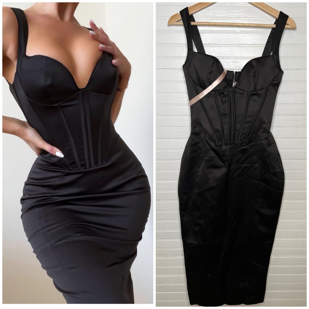 House of CB Anastasia Black Satin Plunge Corset Midi Dress Size S